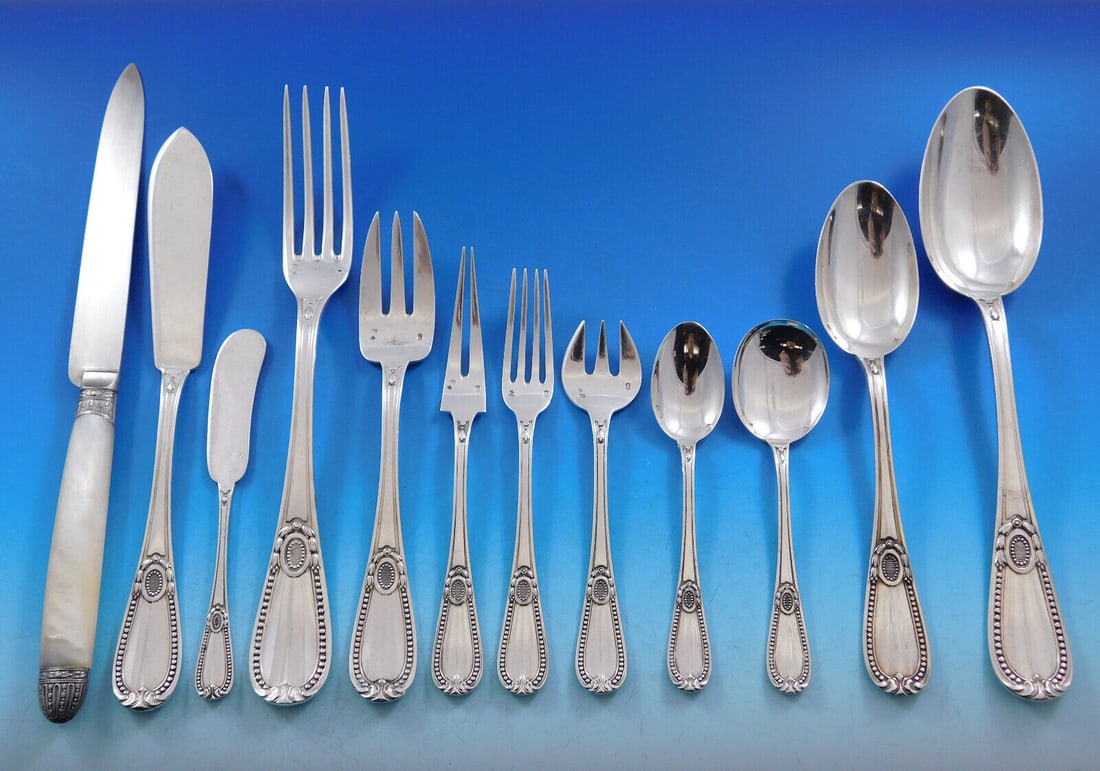 Tetard Freres Perles Sterling Silver Flatware Set 72 pcs with Storage Chest: Tetard Freres Perles Sterling Silver Flatware Set 72 pcs with Storage Chest Presenting a stunning Tetard Freres Perles design sterling silver flatware set, featuring a total of 72 pieces thoughtfully