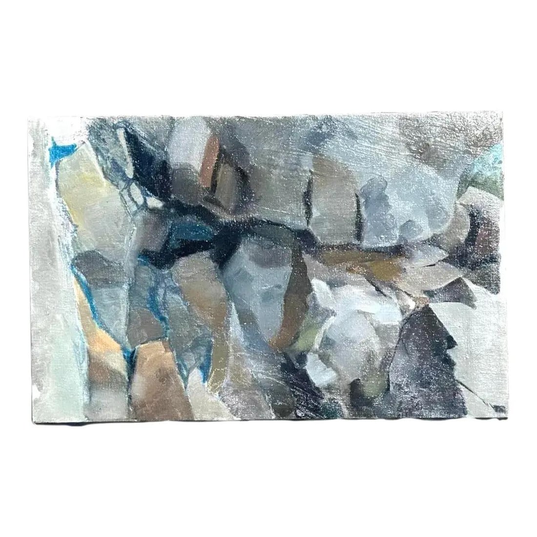 Abstract Oil Painting on Canvas with Bohemian Aesthetic 20 x 13 Inches: Abstract Oil Painting on Canvas with Bohemian Aesthetic 20 x 13 Inches This vintage boho original abstract oil painting on canvas features a striking blend of soft blues, greys, and earthy tones, crea