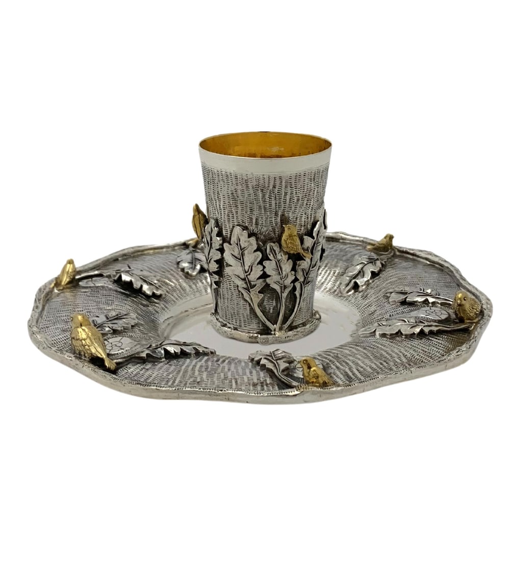 Handmade 925 Sterling Silver Gilded Bird Leaf Cup Tray Set: Handmade 925 Sterling Silver Gilded Bird Leaf Cup Tray Set This exquisite set includes a fine 925 sterling silver cup and tray featuring stunning handmade multi bird and leaf applique tree designs. Th