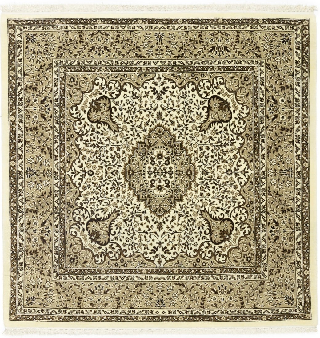 6'2 x 6'2 Hand-Knotted Wool Square Floral Rug in Cream and Brown: 6'2 x 6'2 Hand-Knotted Wool Square Floral Rug in Cream and Brown This hand-knotted Kirman Oriental rug features a square design with a classic floral pattern in cream, brown, and other accent colors.