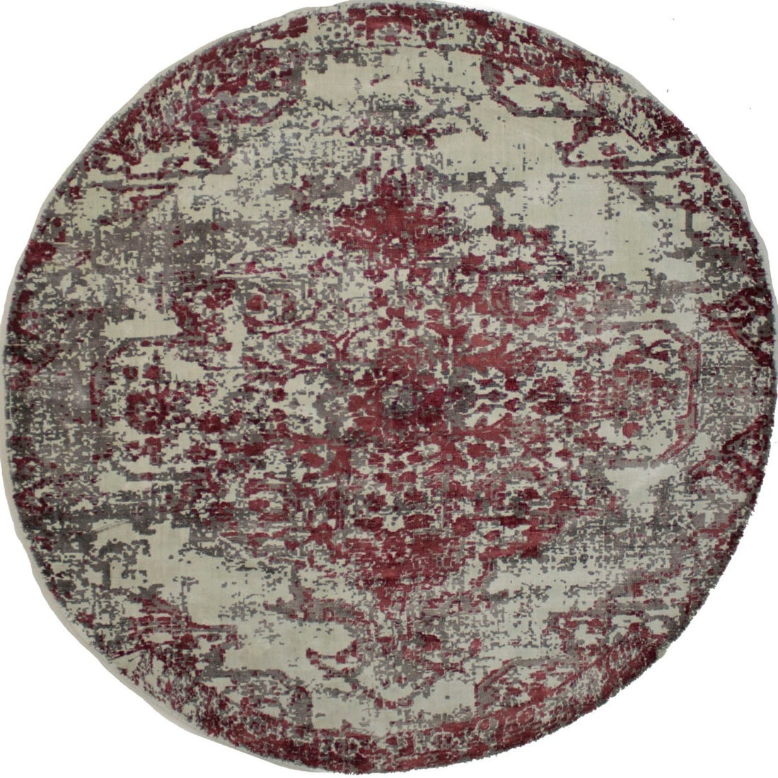 Hand-Loomed Modern Round Floral Wool Rug 6ft Distressed Design: Hand-Loomed Modern Round Floral Wool Rug 6ft Distressed Design Enhance your home decor with this stunning hand-loomed modern round rug featuring a distressed floral design. Measuring 6 feet in diamete