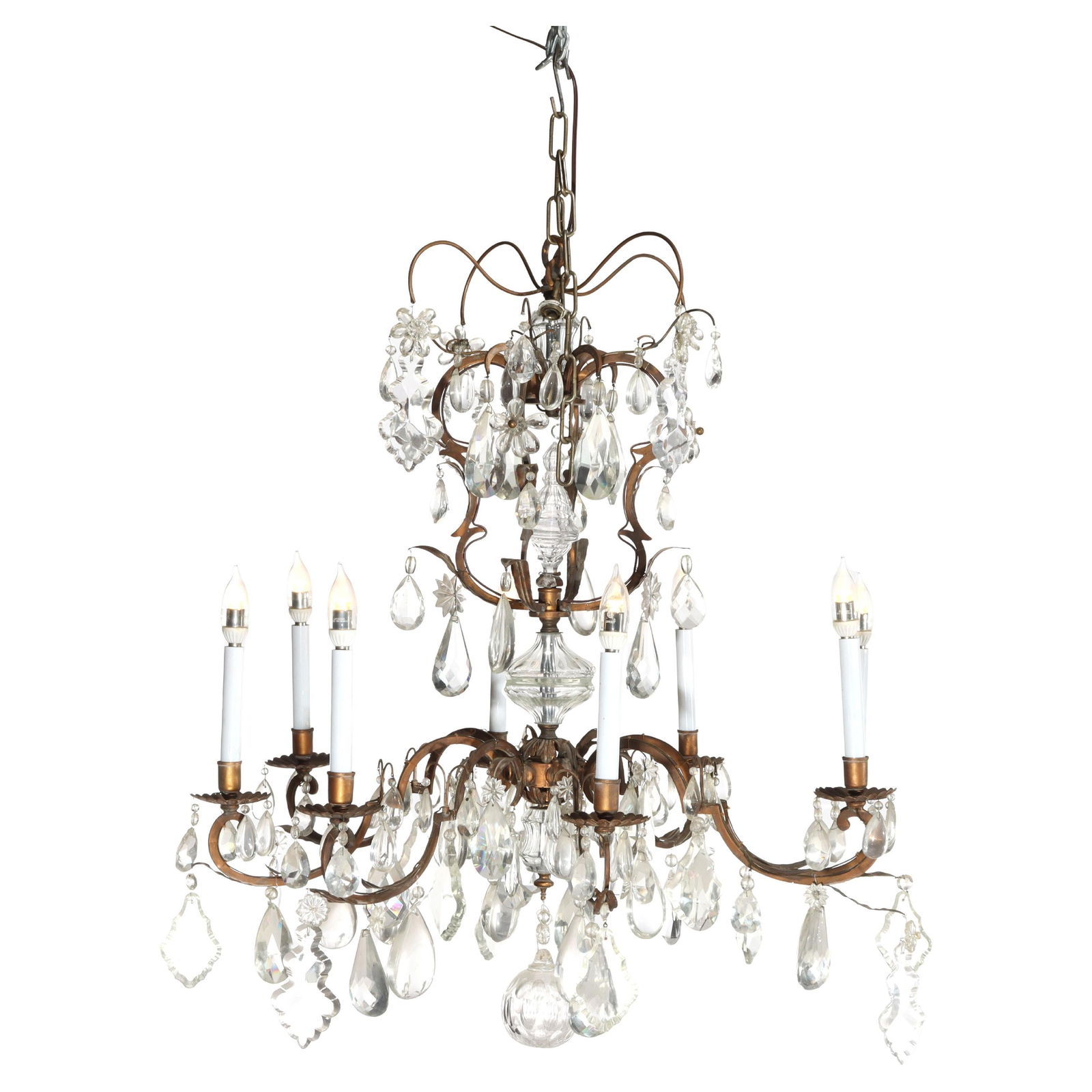 Large Antique French Louis XIV Style Brass Crystal Chandelier 8 Lights c1930: Large Antique French Louis XIV Style Brass Crystal Chandelier 8 Lights c1930 Illuminate your space with this stunning large antique French Louis XIV style chandelier from circa 1930. Crafted from eleg