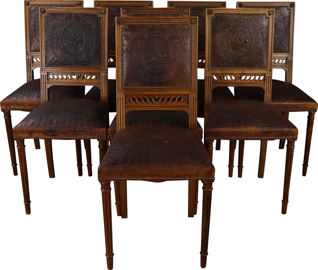 Louis XVI Vintage French Dining Chairs with Embossed Leather Seats: Louis XVI Vintage French Dining Chairs with Embossed Leather Seats Discover a set of Vintage French Dining Chairs, elegantly crafted in the Louis XVI style. These chairs feature embossed leather seats