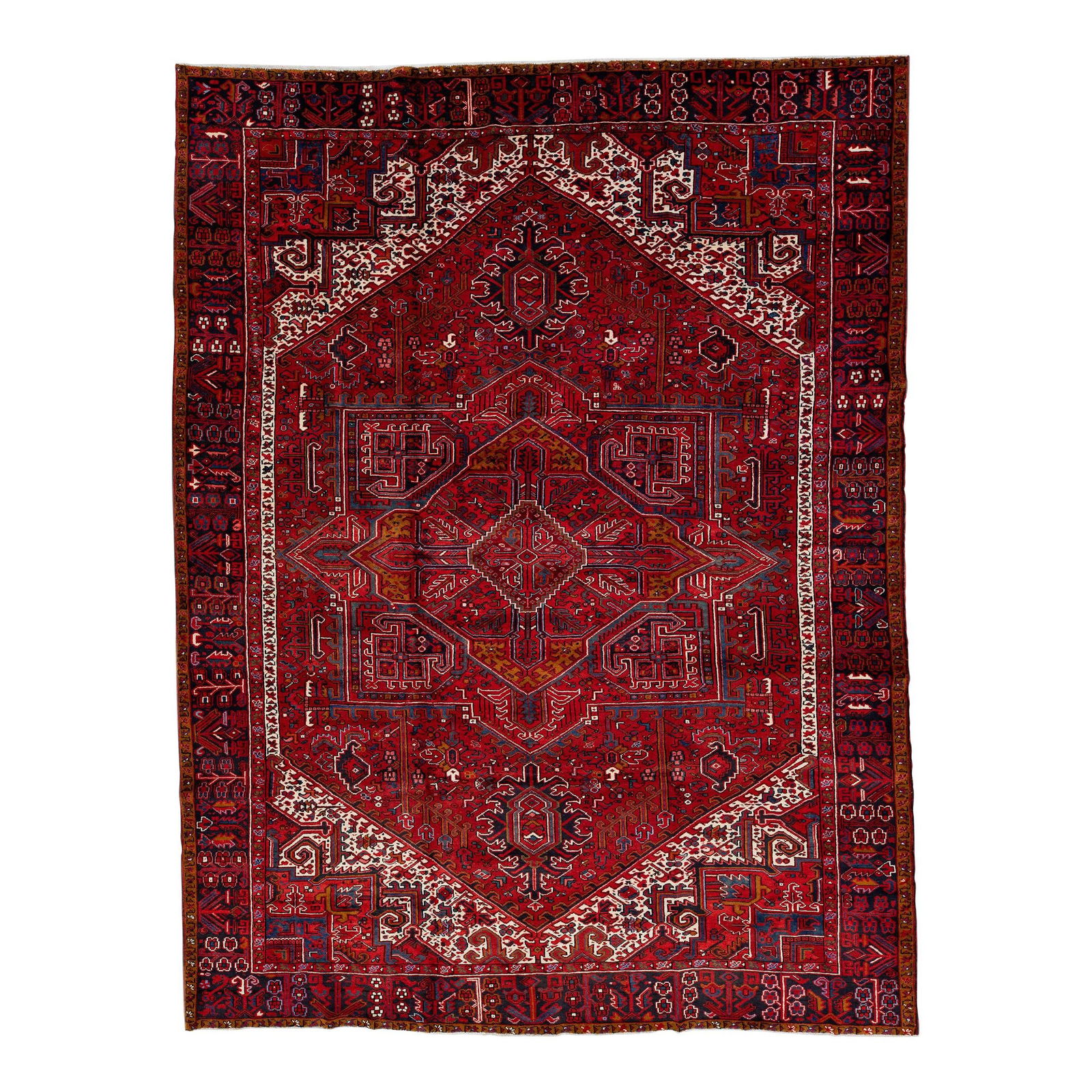 1920s Handmade Persian Heriz Wool Rug Red Medallion Design 9'9 x 12'10: 1920s Handmade Persian Heriz Wool Rug Red Medallion Design 9'9 x 12'10 This exquisite antique Heriz rug showcases a stunning red color field complemented by multicolor accents in a captivating all-ove