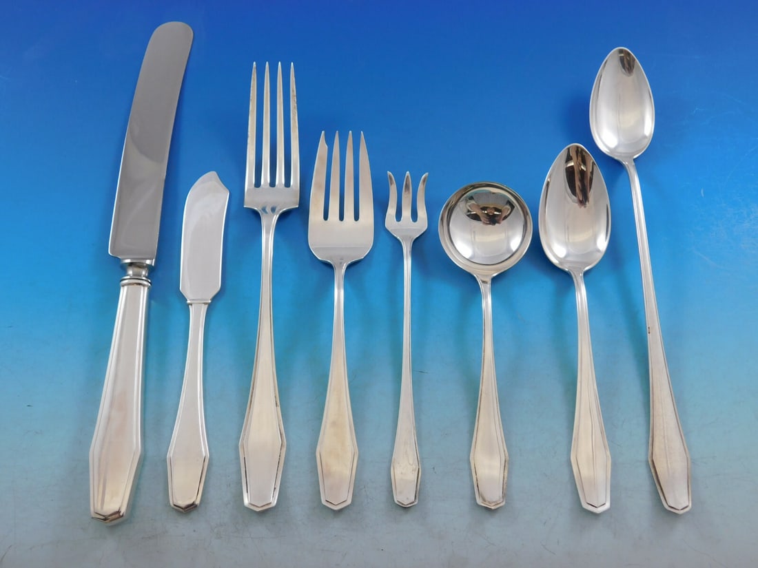 Alvin Hampton Sterling Silver Flatware Set for 12 103 Pieces Art Deco: Alvin Hampton Sterling Silver Flatware Set for 12 103 Pieces Art Deco This exquisite Hampton by Alvin Sterling Silver Flatware Set is a remarkable collection that offers service for 12. Crafted in the