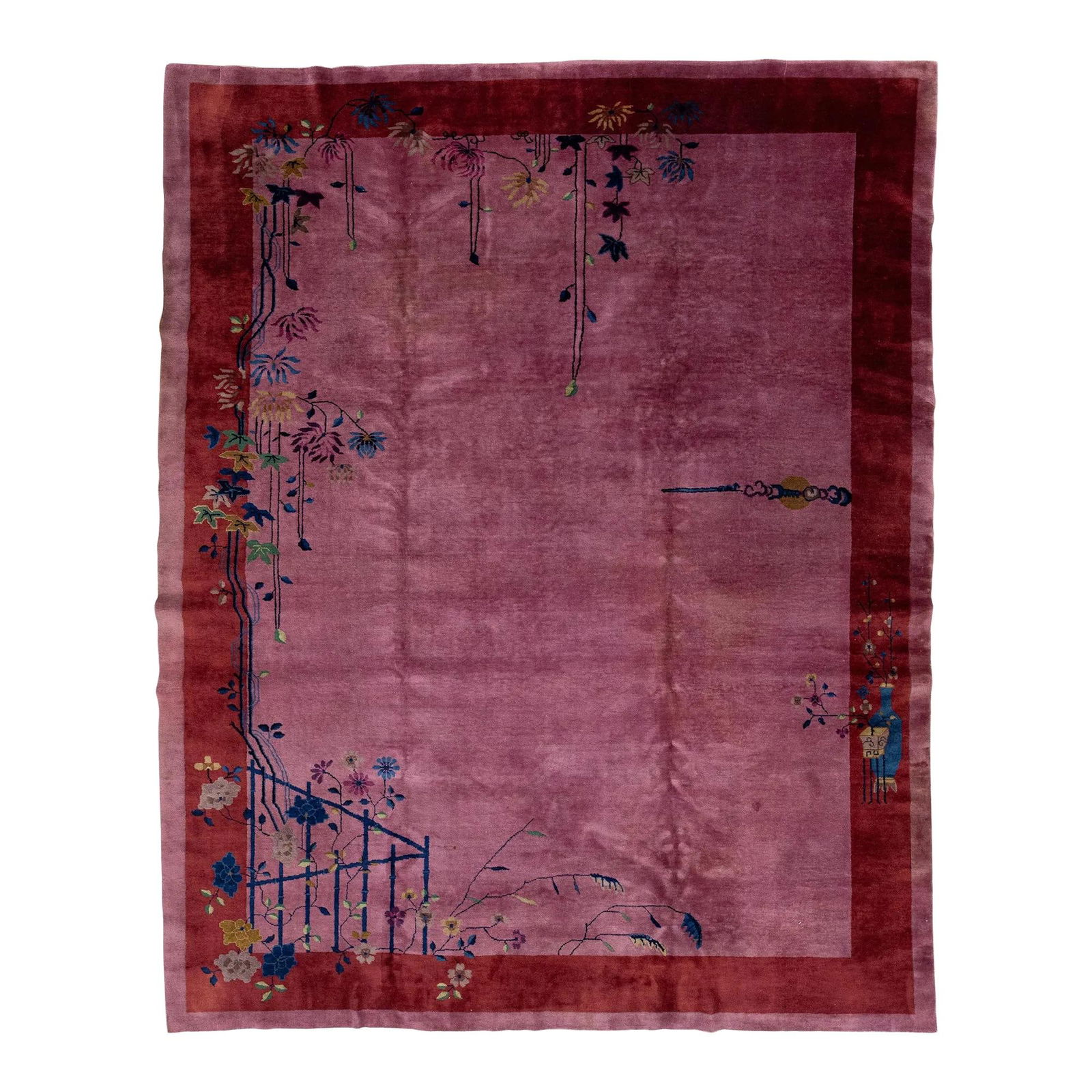 Antique Chinese Art Deco Wool Rug 9'1" x 11'5" Purple Floral Design: Antique Chinese Art Deco Wool Rug 9'1" x 11'5" Purple Floral Design Enhance your living space with this exquisite Antique Chinese Art Deco rug, hand-knotted from premium wool. Featuring a striking pur