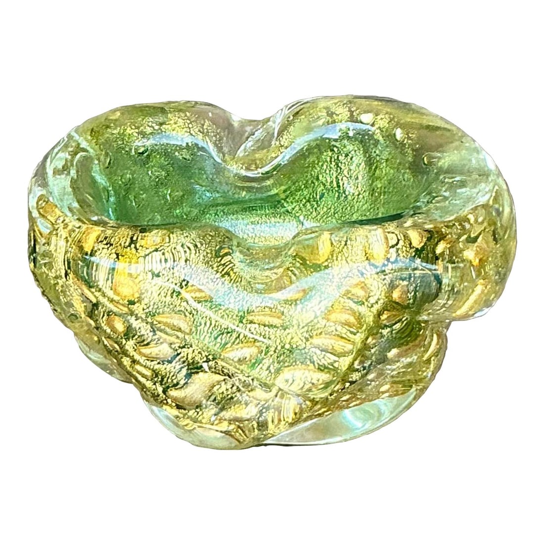 Vintage Italian Murano Gold Dust Glass Bowl Green Decorative Accent: Vintage Italian Murano Gold Dust Glass Bowl Green Decorative Accent Enhance your decor with this Vintage Italian Gold Dust Glass Bowl, inspired by the renowned Murano artisans. This bowl showcases shi