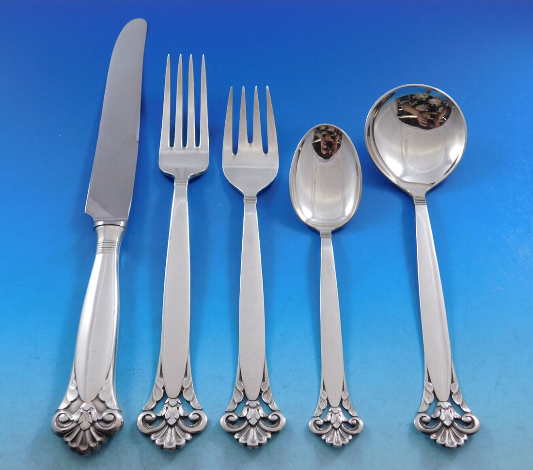 Marthinsen Cloister Sterling Silver Flatware Set 64 pcs Norway with Storage Chest: Marthinsen Cloister Sterling Silver Flatware Set 64 pcs Norway with Storage Chest Introducing the exquisite Cloister pattern by Marthinsen, a stunning sterling silver flatware service set comprising 6