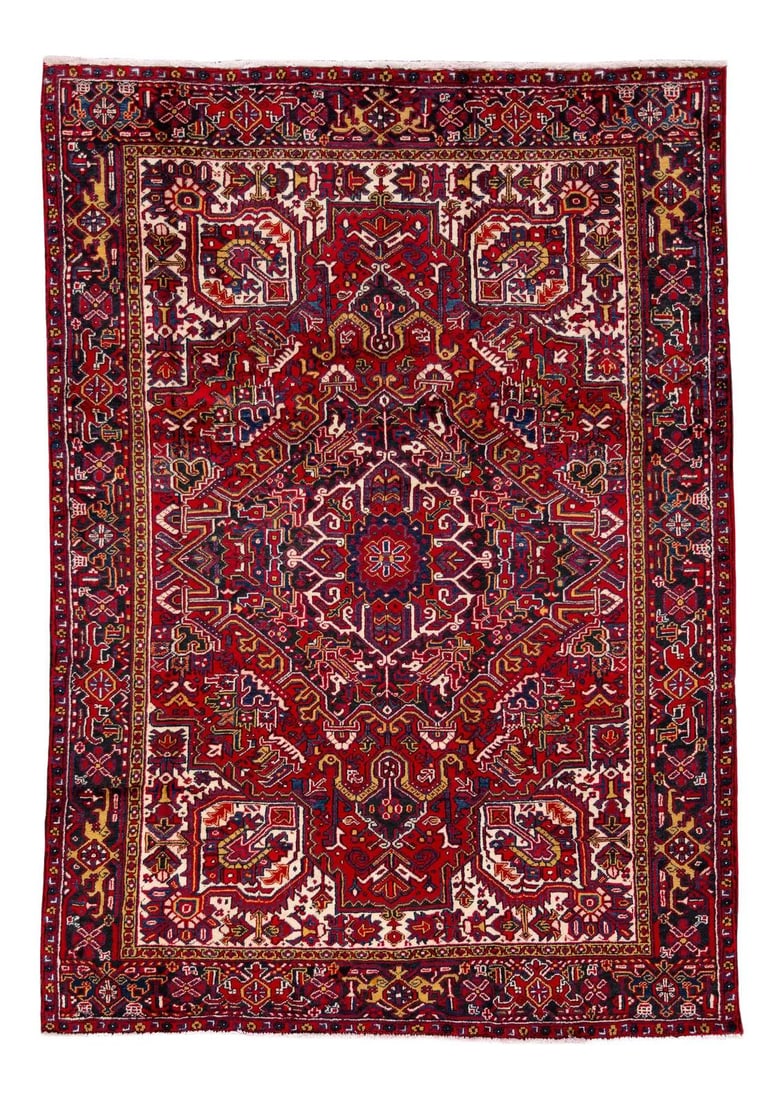 Vintage Persian Heriz Handmade Wool Rug 7'6 x 10'8 Red: Vintage Persian Heriz Handmade Wool Rug 7'6 x 10'8 Red Enhance your space with this stunning vintage Persian Heriz rug, meticulously hand-knotted from high-quality wool. The vibrant red field is adorn