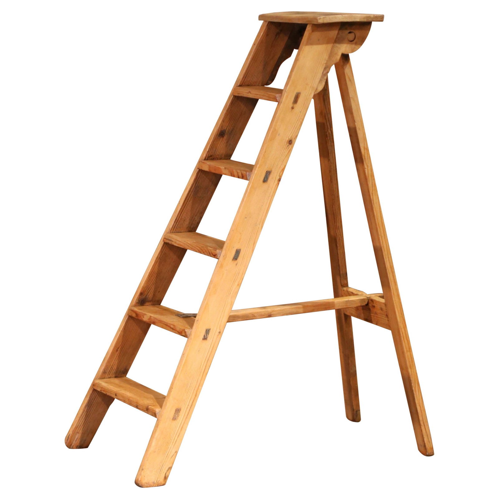 19th Century French Hand-Carved Pine Folding Ladder with Locking Bar: 19th Century French Hand-Carved Pine Folding Ladder with Locking Bar This late 19th-century French folding ladder is a beautifully crafted piece that seamlessly blends utility with rustic charm. Made