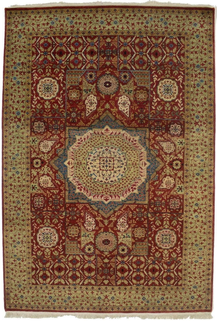 Hand-Knotted Wool Geometric Mamluk Area Rug 6'1 x 8'9 Orange-Red Modern Tribal: Hand-Knotted Wool Geometric Mamluk Area Rug 6'1 x 8'9 Orange-Red Modern Tribal This handmade Mamluk geometric style area rug features an orange-red color palette with cream, light green, blue, black,