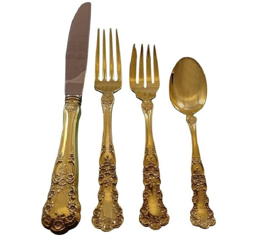 Gorham Buttercup Vermeil Gold Sterling Silver Flatware Set 48 Pieces: Gorham Buttercup Vermeil Gold Sterling Silver Flatware Set 48 Pieces Elevate your dining experience with this exquisite Buttercup Sterling Silver Flatware Service Set by Gorham. Crafted from high-qual