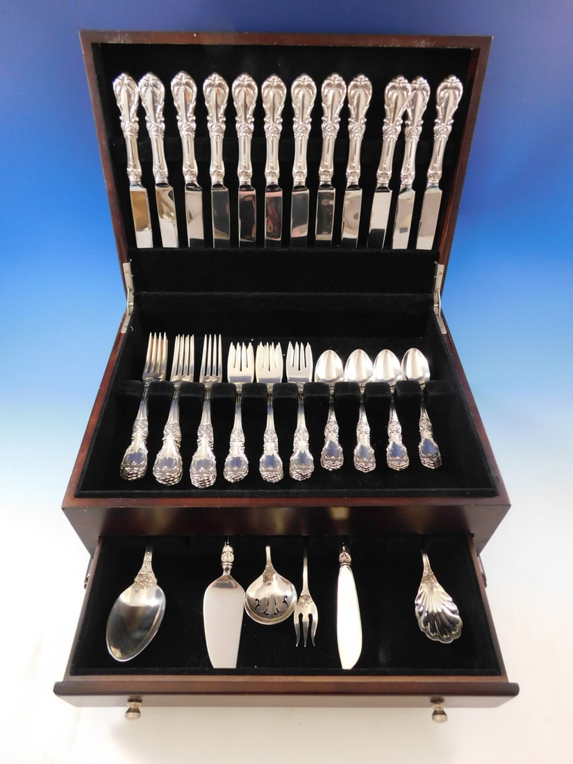Reed & Barton Burgundy Sterling Silver Flatware Set for 12 54 pcs: Reed & Barton Burgundy Sterling Silver Flatware Set for 12 54 pcs Experience the grandeur of the French Renaissance with the Burgundy by Reed & Barton Sterling Silver Flatware Set. This exquisite serv