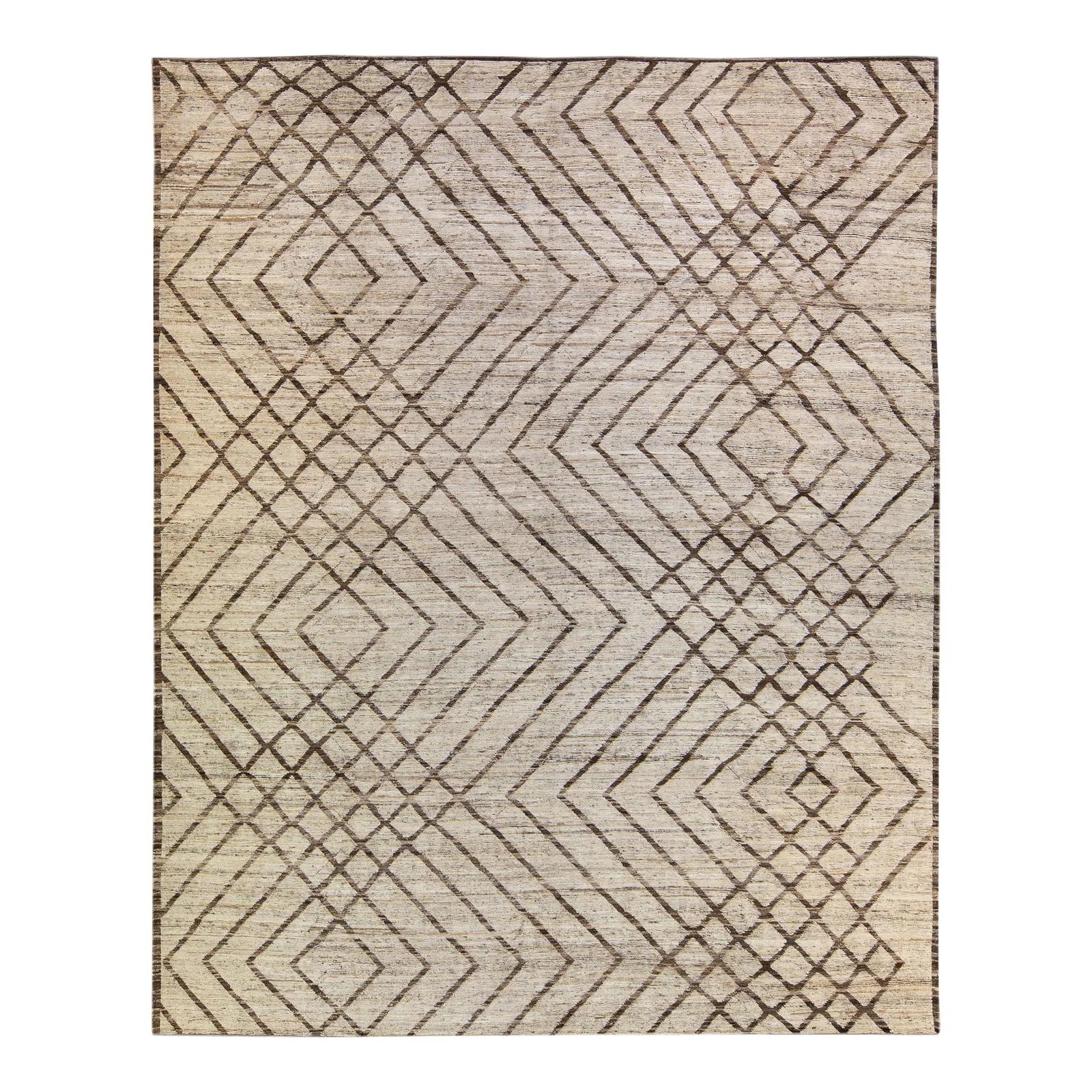 Hand-Knotted Wool Moroccan Tribal Rug 11' x 13'9: Hand-Knotted Wool Moroccan Tribal Rug 11' x 13'9 Elevate your space with this exquisite hand-knotted wool rug, showcasing a captivating contemporary Moroccan design. The elegant beige hue beautifully
