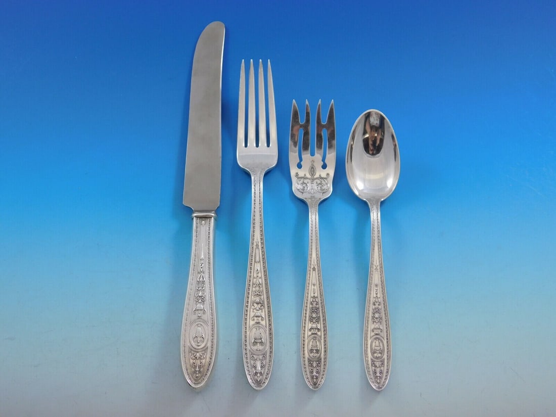 Wedgwood Pattern Sterling Silver 4-Piece Place Setting by International Silver: Wedgwood Pattern Sterling Silver 4-Piece Place Setting by International Silver Enhance your dining experience with this exquisite 4-piece place setting from the Wedgwood pattern by International Sterl