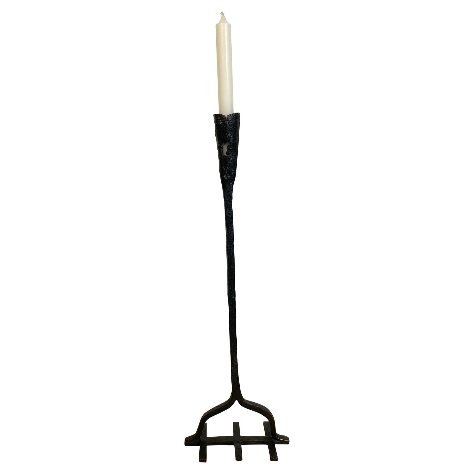 19th Century Wrought Iron Branding Iron Candlestick Folk Art: 19th Century Wrought Iron Branding Iron Candlestick Folk Art This late 19th-century branding iron candlestick showcases a unique blend of functionality and folk art. Crafted from wrought iron, this au