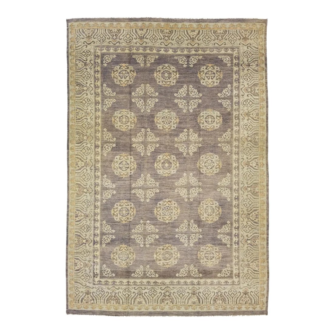 Exquisite Handmade Blue Wool Khotan Style Rug 12' x 17'9": Exquisite Handmade Blue Wool Khotan Style Rug 12' x 17'9" Transform your space with this exquisite modern Khotan-style hand-knotted wool rug, showcasing a stunning blue and beige field. Elegantly bord