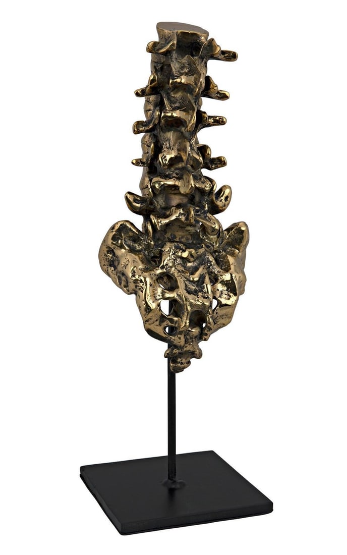 Industrial Style Vertebrae Sculpture by Noir in Brass Finish: Industrial Style Vertebrae Sculpture by Noir in Brass Finish This vintage style-inspired art piece features a unique vertebrae design, crafted with a combination of brass and industrial steel for a st