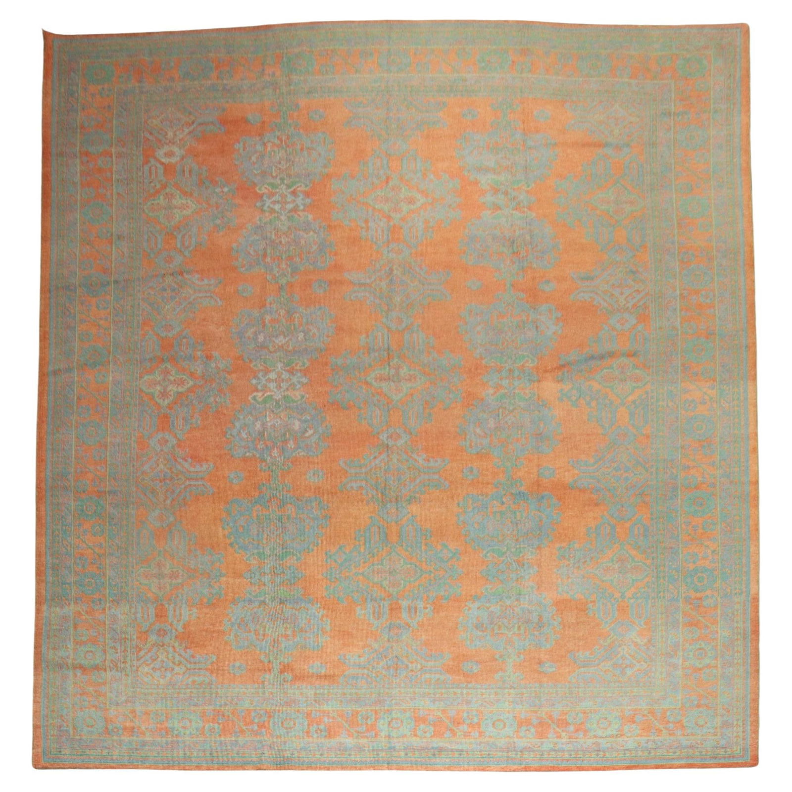 Bright Coral Antique Oushak Rug 11'4 x 14'1 Wool Turkish 1920: Bright Coral Antique Oushak Rug 11'4 x 14'1 Wool Turkish 1920 Add a touch of elegance to your living space with this stunning Bright Coral Antique Oushak Rug. Hand-knotted from high-quality wool, this