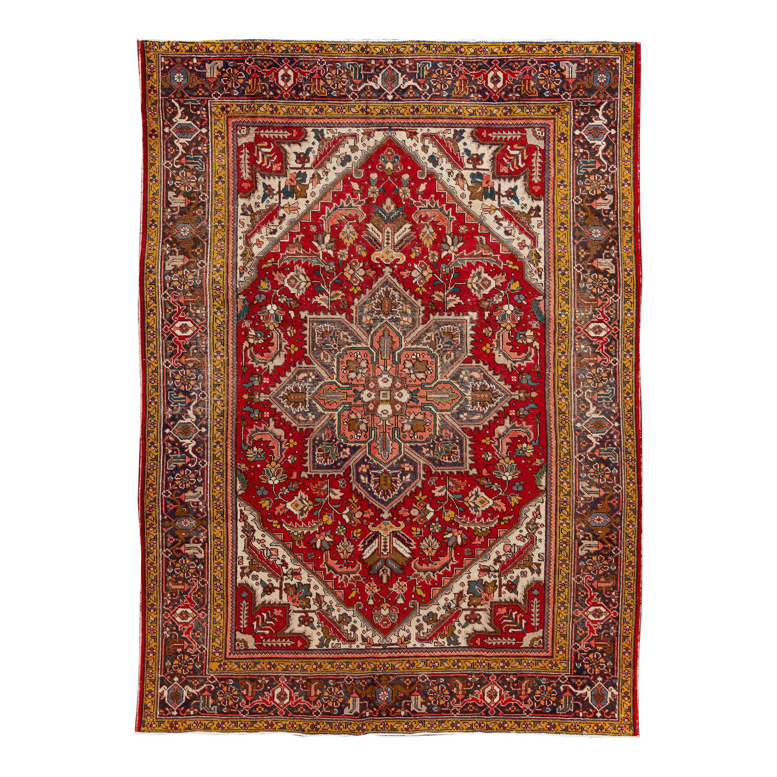 Vintage Persian Heriz Hand-Knotted Red Floral Wool Rug 7'9 x 10'8: Vintage Persian Heriz Hand-Knotted Red Floral Wool Rug 7'9 x 10'8 Discover the exquisite charm of this vintage Persian Heriz rug, meticulously hand-knotted from high-quality wool. The vibrant red fiel
