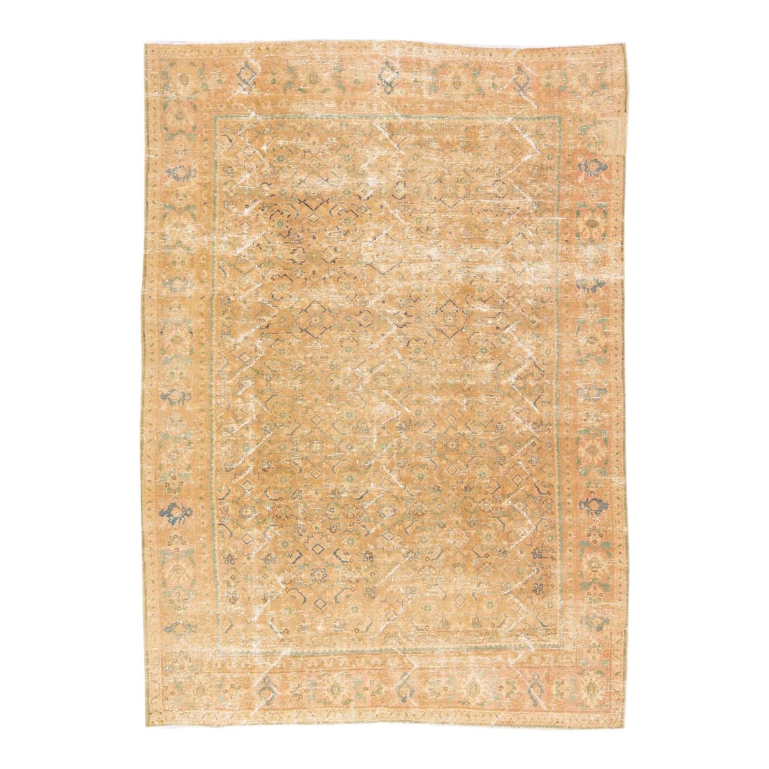 Vintage Persian Handmade Wool Rug 7'3 x 10'1 Beige Medallion Design: Vintage Persian Handmade Wool Rug 7'3 x 10'1 Beige Medallion Design This exquisite Vintage Persian rug features a beautifully distressed hand-knotted design in a soft beige color with striking blue an