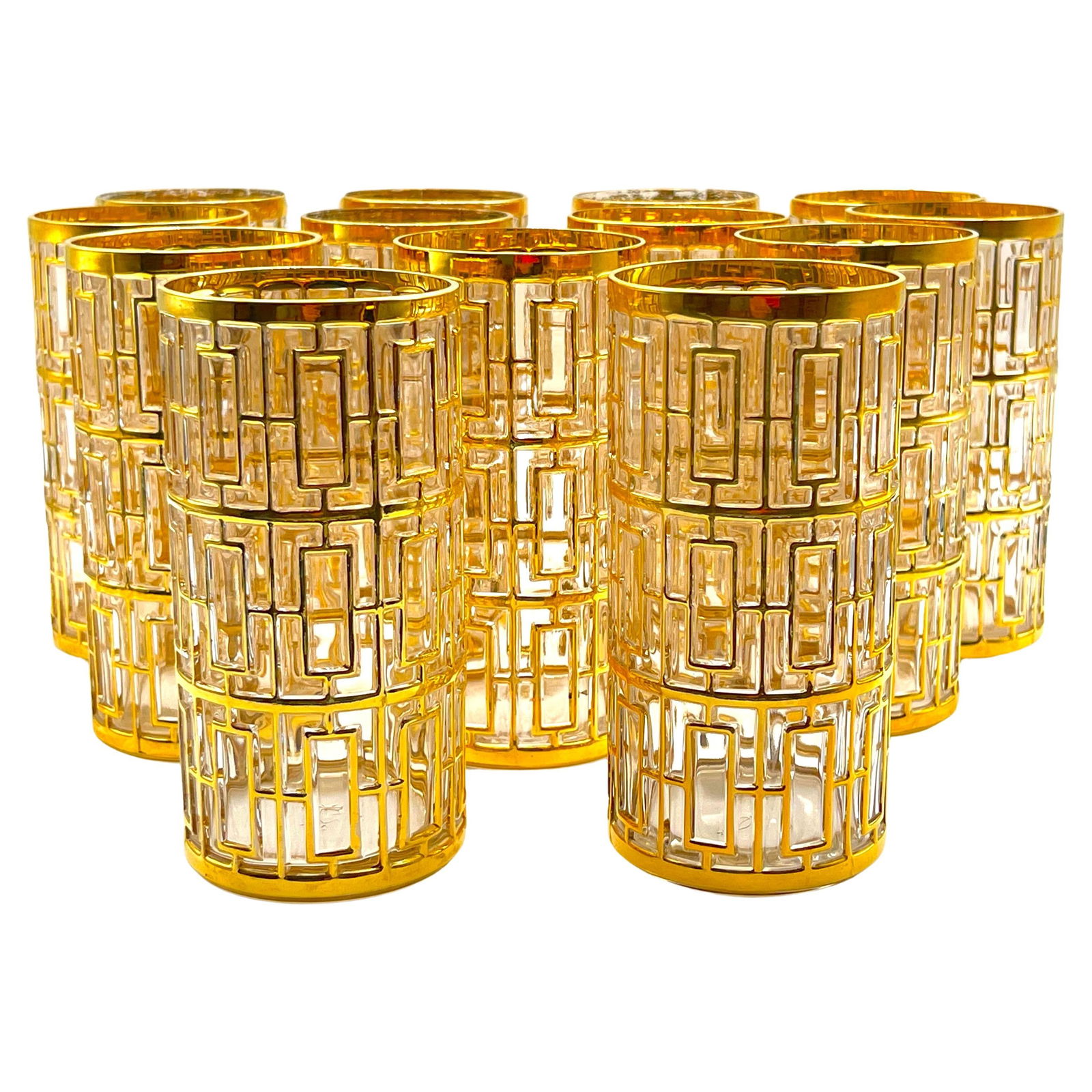 Set of 13 Imperial Glass Shoji Gold Highball Glasses Vintage 1960s: Set of 13 Imperial Glass Shoji Gold Highball Glasses Vintage 1960s Discover a rare set of 13 Shoji Gold Highball Glasses by Imperial Glass, showcasing a stunning Asian-inspired bamboo rectangle design