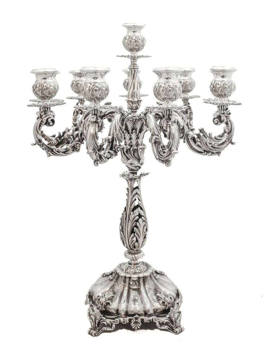 Handmade 925 Sterling Silver 10 Light Candelabra with Leaf Appliques: Handmade 925 Sterling Silver 10 Light Candelabra with Leaf Appliques This exquisite candelabra is a stunning piece, handcrafted from fine 925 sterling silver in Italy. It features ornate designs and i