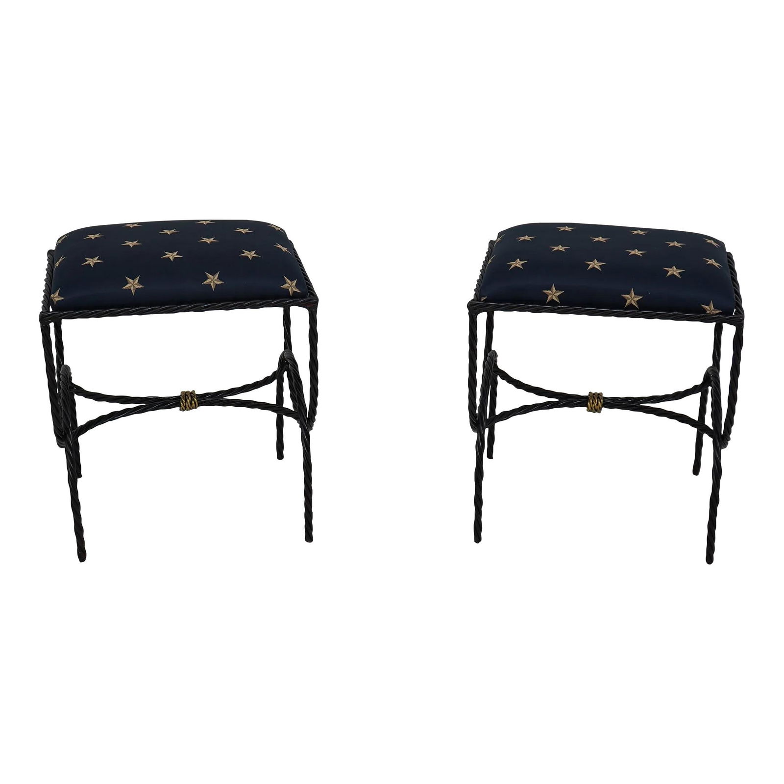Regency Style Blue Gold Star Benches with Iron Bases: Regency Style Blue Gold Star Benches with Iron Bases This elegant pair of Regency-style benches features a striking blue and gold star design, complemented by sturdy rope twist iron bases. With brand