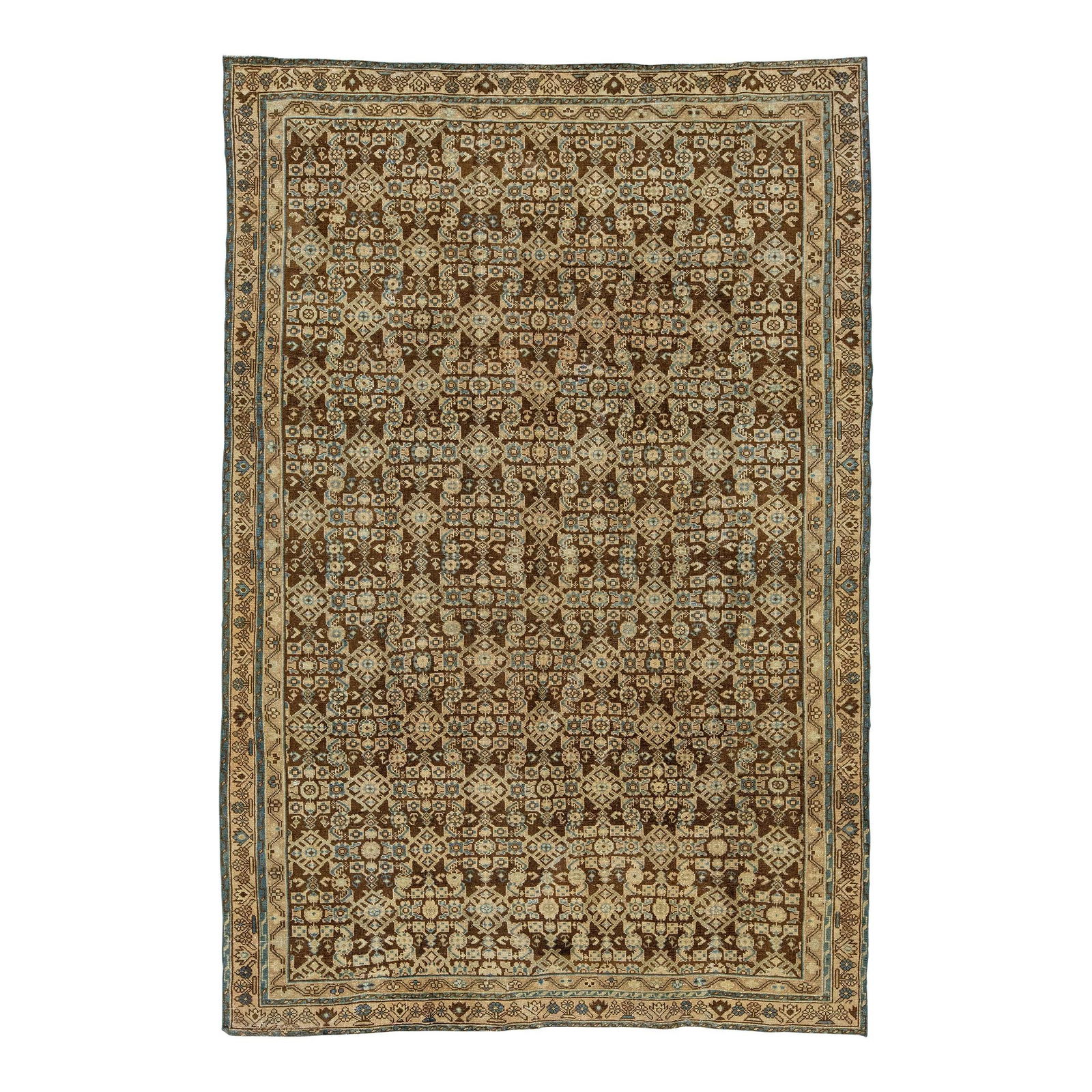 Handmade Persian Malayer Wool Rug Brown with Blue and Beige Accents 6'6" X 9'8": Handmade Persian Malayer Wool Rug Brown with Blue and Beige Accents 6'6" X 9'8" Discover this stunning handmade Persian Malayer rug from the 20th century, showcasing an intricate allover pattern in a