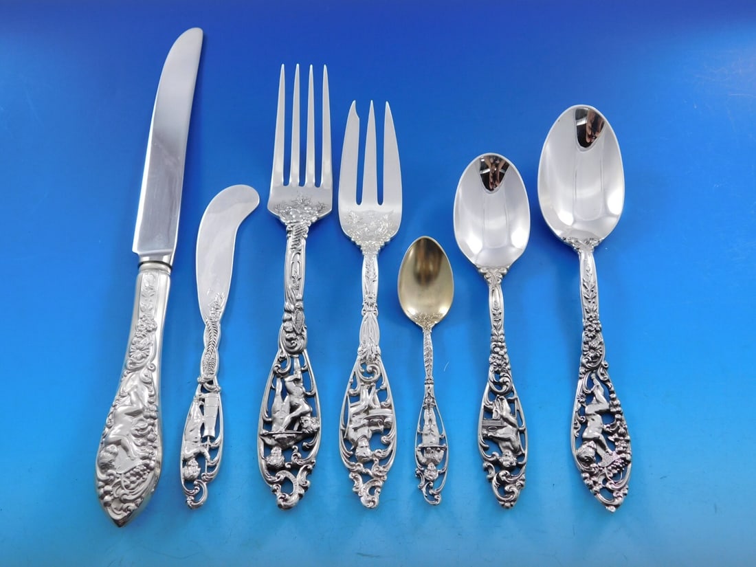 Dominick & Haff Labors of Cupid Sterling Silver Flatware Set 52 Pcs: Dominick & Haff Labors of Cupid Sterling Silver Flatware Set 52 Pcs Experience the elegance of the Labors of Cupid flatware set by Dominick & Haff, composed of 52 exquisite pieces of sterling silver.