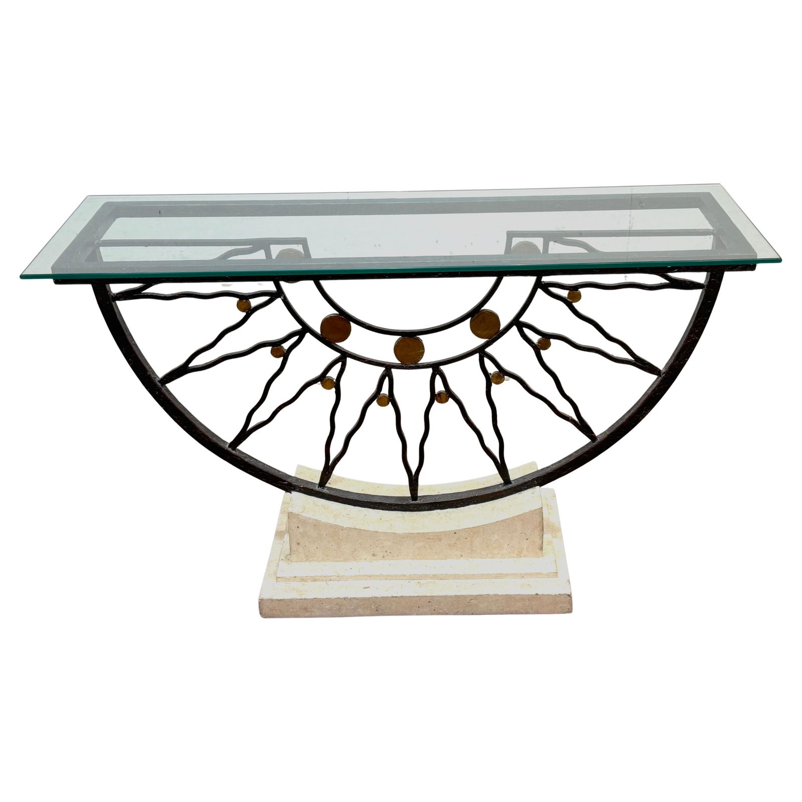 Mid-Century Console Table With Sunburst Wrought Iron Travertine Base And Glass Top: Mid-Century Console Table With Sunburst Wrought Iron Travertine Base And Glass Top This Southwest-style mid-century console table features a sculptural sunburst design with a hand-forged wrought iron