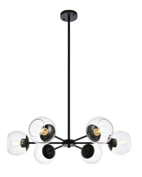 Briggs 6-Light Black Glass Pendant Chandelier with Adjustable Height 30 Inch: Briggs 6-Light Black Glass Pendant Chandelier with Adjustable Height 30 Inch This modern chandelier light fixture features six dimmable LED-compatible lights with clear glass orb shades and a sleek bl