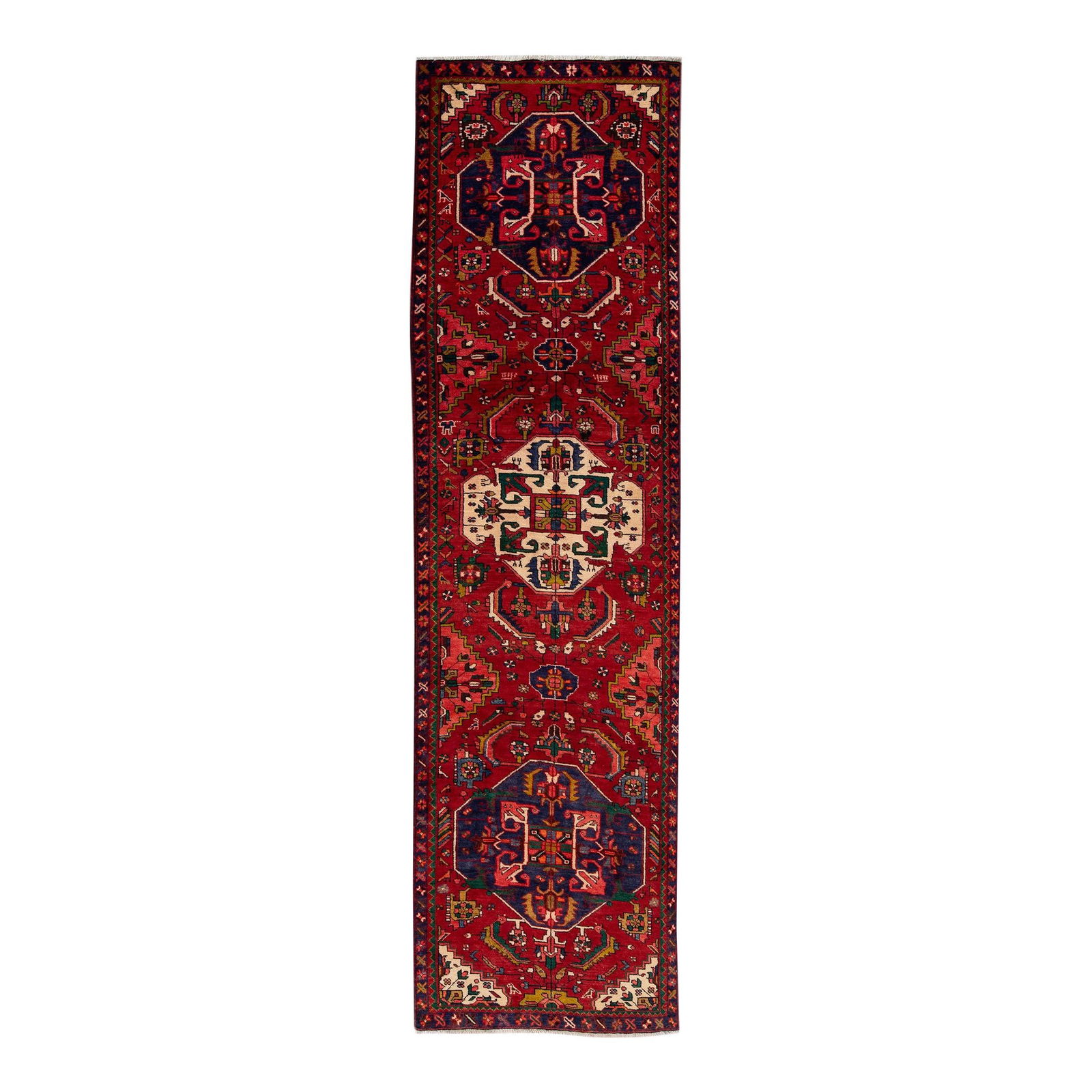 Vintage Persian Heriz Hand-Knotted Wool Rug Red Geometric Design 2'10 x 10'6: Vintage Persian Heriz Hand-Knotted Wool Rug Red Geometric Design 2'10 x 10'6 Discover the exquisite beauty of this vintage Persian Heriz rug, hand-knotted from high-quality wool. Featuring a striking