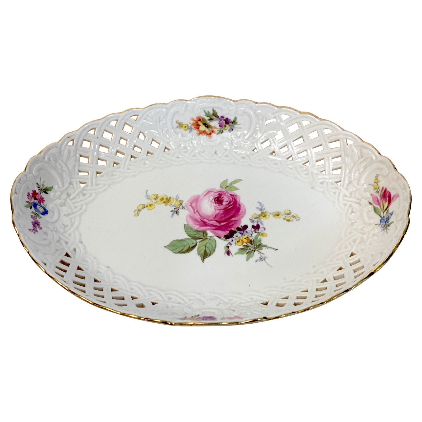 19th Century Meissen Floral Painted Oval Basket with Gilt Rim (1 of 8)