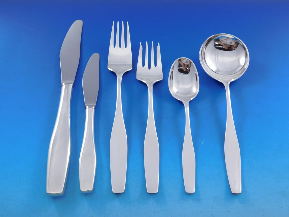 Hans Hansen Charlotte Sterling Silver Flatware Set 41 Pieces Mid-Century Modern: Hans Hansen Charlotte Sterling Silver Flatware Set 41 Pieces Mid-Century Modern Enhance your dining experience with this exquisite Charlotte flatware set by Hans Hansen. This rare Danish mid-century m