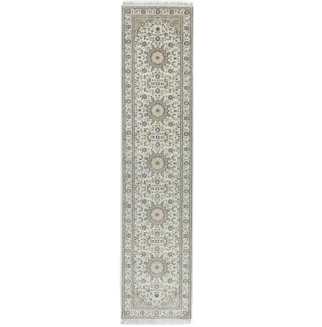 Wool and Silk Floral Medallion Runner Rug 2'8 x 12'1 Hand-Knotted in India: Wool and Silk Floral Medallion Runner Rug 2'8 x 12'1 Hand-Knotted in India This handmade Indo-Nain runner rug features a floral medallion pattern in a blend of cream, red, dark navy, light grey, green