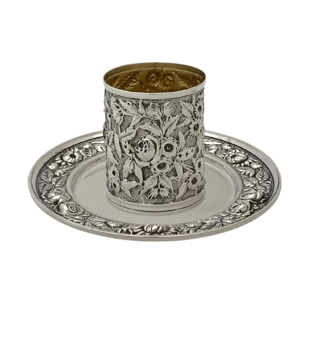 Antique Stieff Welsh 925 Sterling Silver Floral Repousse Cup Tray Set: Antique Stieff Welsh 925 Sterling Silver Floral Repousse Cup Tray Set This exquisite antique cup and tray set showcases the artistry of Italian craftsmanship. Made from 925 sterling silver, the set fe