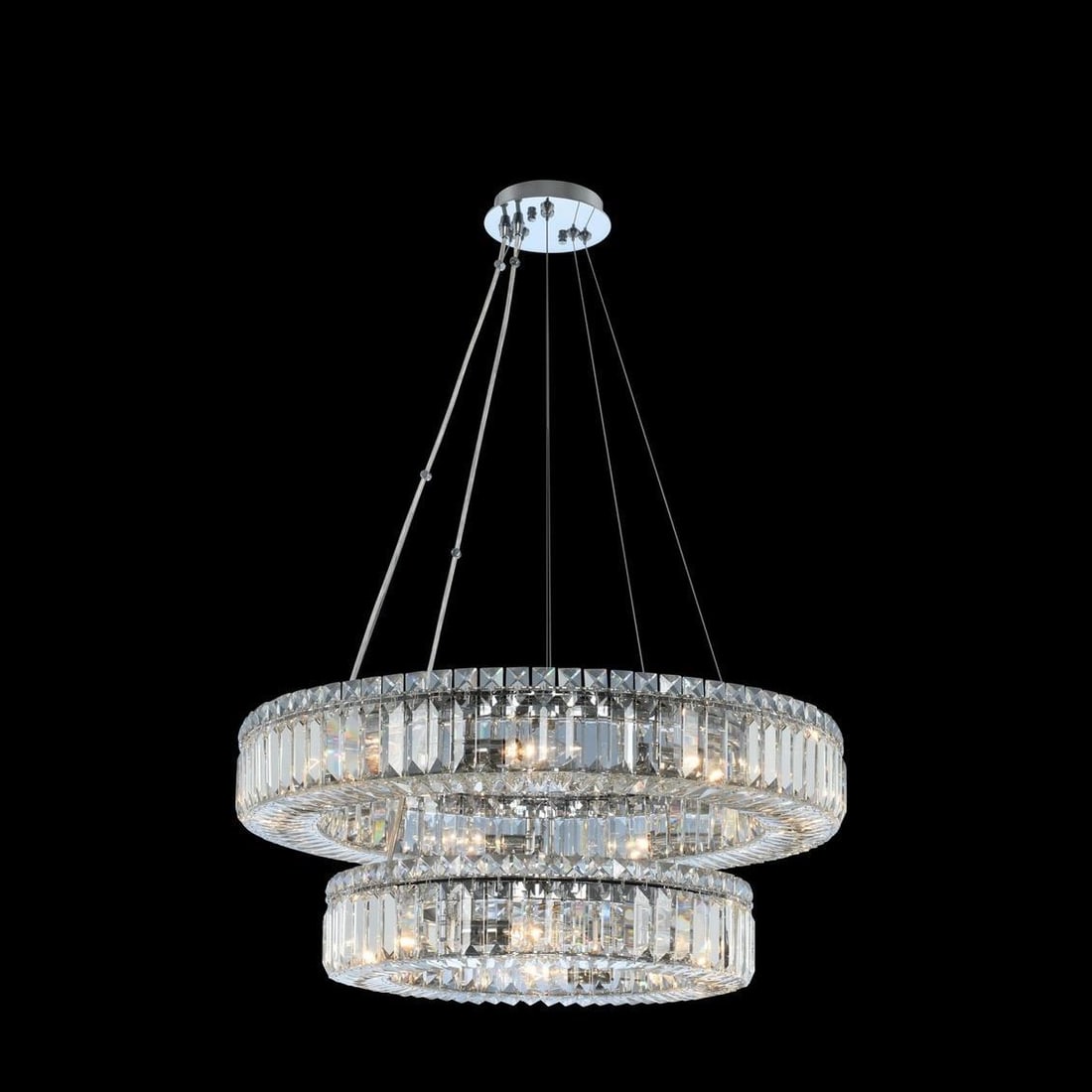 Kalco Rondelle Chrome Crystal 2-Tier Pendant Light: Kalco Rondelle Chrome Crystal 2-Tier Pendant Light Illuminate your space with the Sparkling Rondelle Chrome & Crystal Pendant, a stunning two-tier round fixture that combines modern elegance with cont