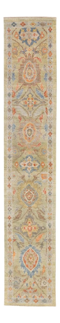 Green Floral Sultanabad Handmade Wool Runner 2'10 x 16'3: Green Floral Sultanabad Handmade Wool Runner 2'10 x 16'3 Elevate your space with this exquisite modern Sultanabad handmade wool runner, featuring a vibrant green field complemented by a striking blue