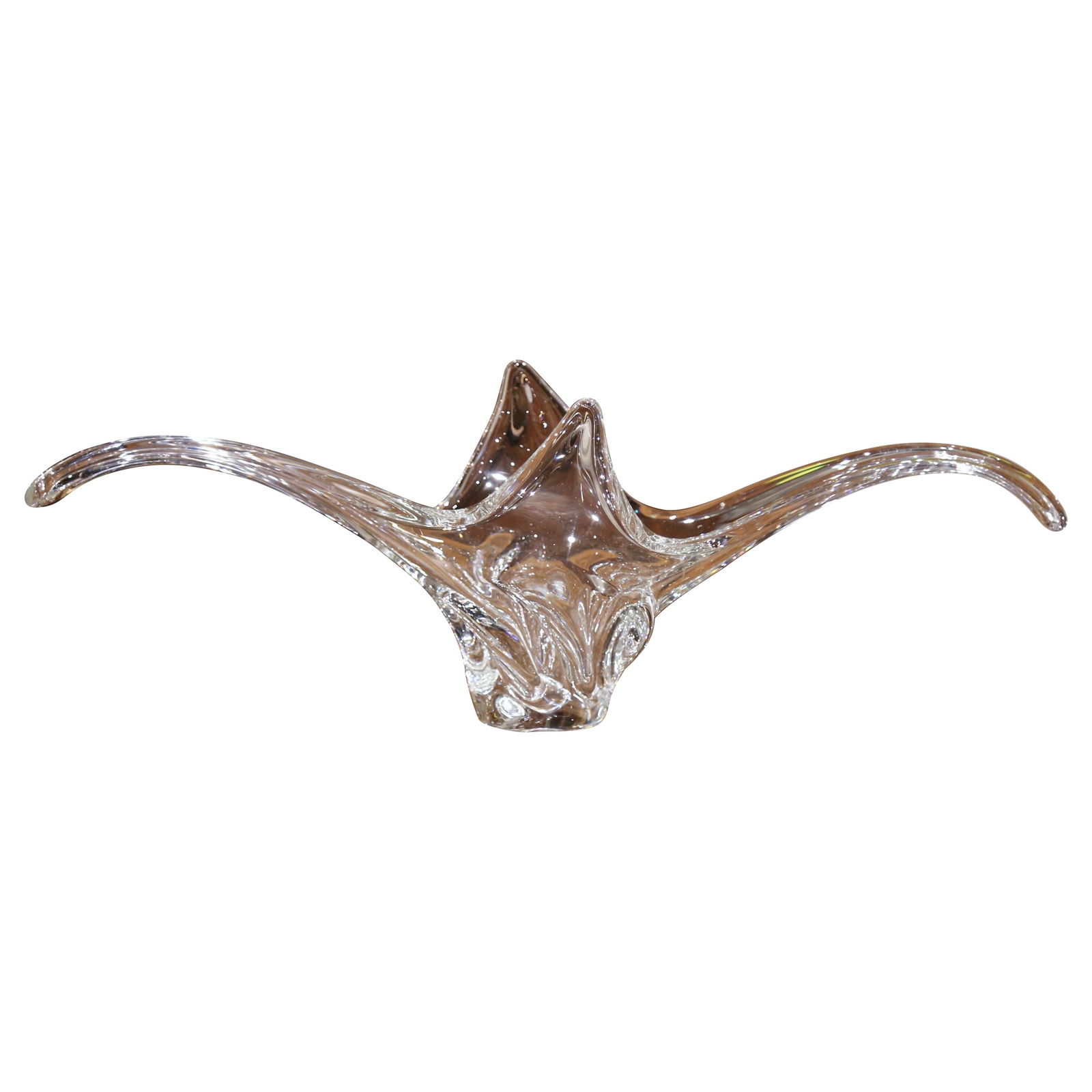 Vintage Midcentury French Art Deco Blown Glass Center Vase: Vintage Midcentury French Art Deco Blown Glass Center Vase This stunning Midcentury French vase, crafted circa 1950, is a true testament to Art Deco design. Made from hand-blown glass and crystal, it