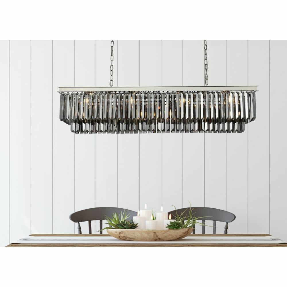 Sydney 12-Light 60" Crystal Chandelier in Polished Nickel for Modern Dining Spaces: Sydney 12-Light 60" Crystal Chandelier in Polished Nickel for Modern Dining Spaces This modern crystal chandelier features a polished nickel frame with silver shade color crystals, designed to make a