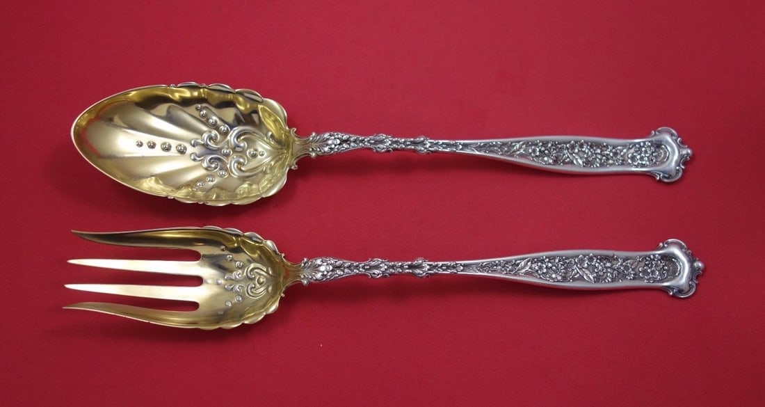 Whiting Sterling Silver Dresden Salad Serving Set 2pc 12 Inch Gold Washed: Whiting Sterling Silver Dresden Salad Serving Set 2pc 12 Inch Gold Washed This exquisite 2-piece salad serving set from the renowned Whiting brand features a beautiful Dresden pattern. Crafted from st