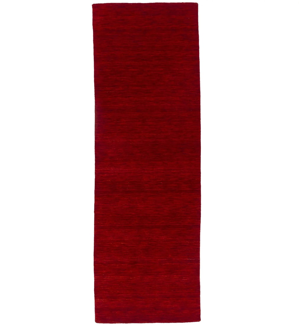 Hand-Loomed Modern Red Wool 2'7 x 7'10 Gabbeh Runner Rug: Hand-Loomed Modern Red Wool 2'7 x 7'10 Gabbeh Runner Rug Enhance your space with this stunning 2'7" x 7'10" red solid design hand-loomed Gabbeh runner rug. Carefully crafted from high-quality wool, th