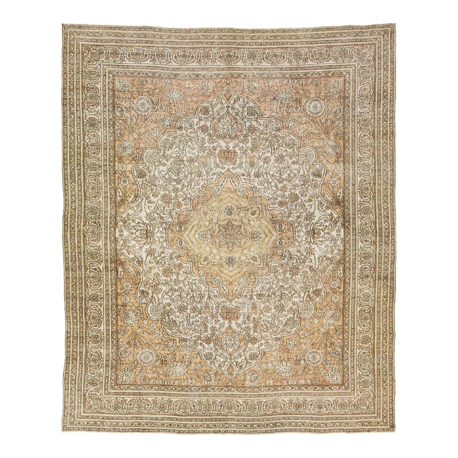 Antique Indian Agra Wool Rug 12'8 x 15'7 Ivory Tan Medallion: Antique Indian Agra Wool Rug 12'8 x 15'7 Ivory Tan Medallion This stunning hand-knotted antique Indian Agra wool rug showcases an elegant ivory field adorned with intricate tan motifs in a classic med