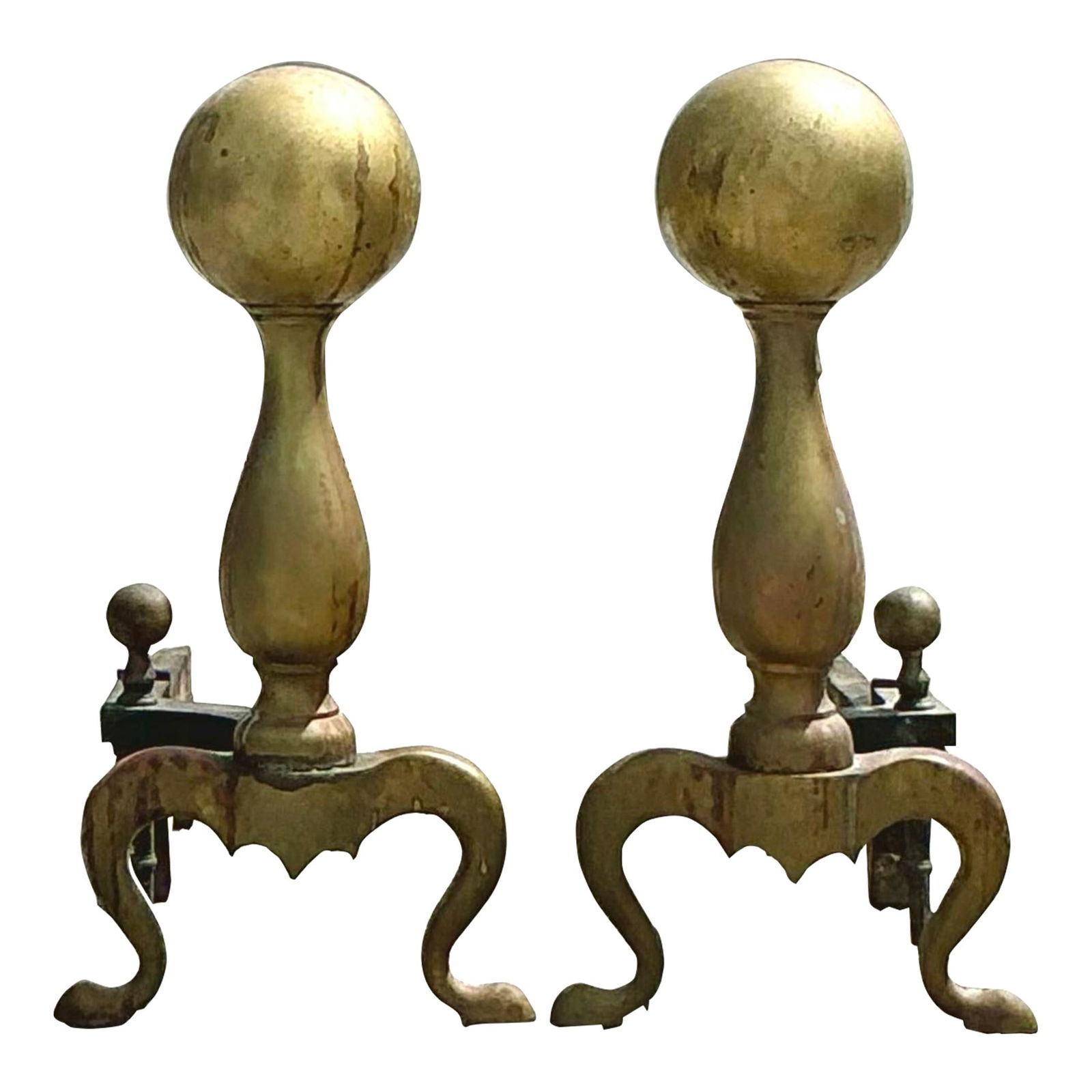 Antique 19th Century Brass Cannonball Andirons Set of 2: Antique 19th Century Brass Cannonball Andirons Set of 2 Enhance your fireplace with these exquisite Vintage 19th Century Brass Cannonball Andirons. This set of two features striking cannonball finials