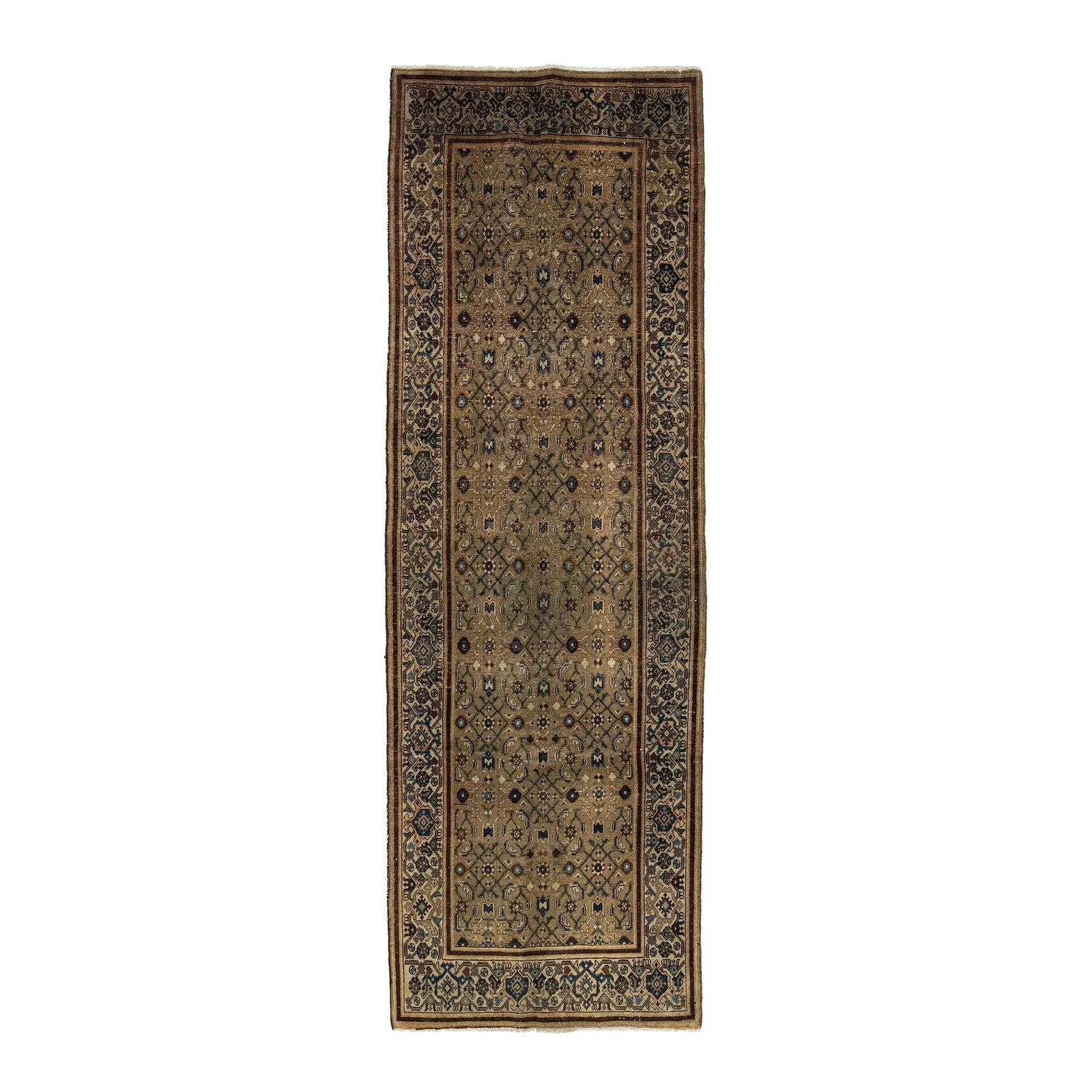 Vintage Hamadana Hand-Knotted 3'5 x 10'3 Wool Rug with Colorful Accents: Vintage Hamadana Hand-Knotted 3'5 x 10'3 Wool Rug with Colorful Accents Enhance your space with this stunning Vintage Hamadan Hand-knotted rug, showcasing a soft brown field adorned with vibrant blue