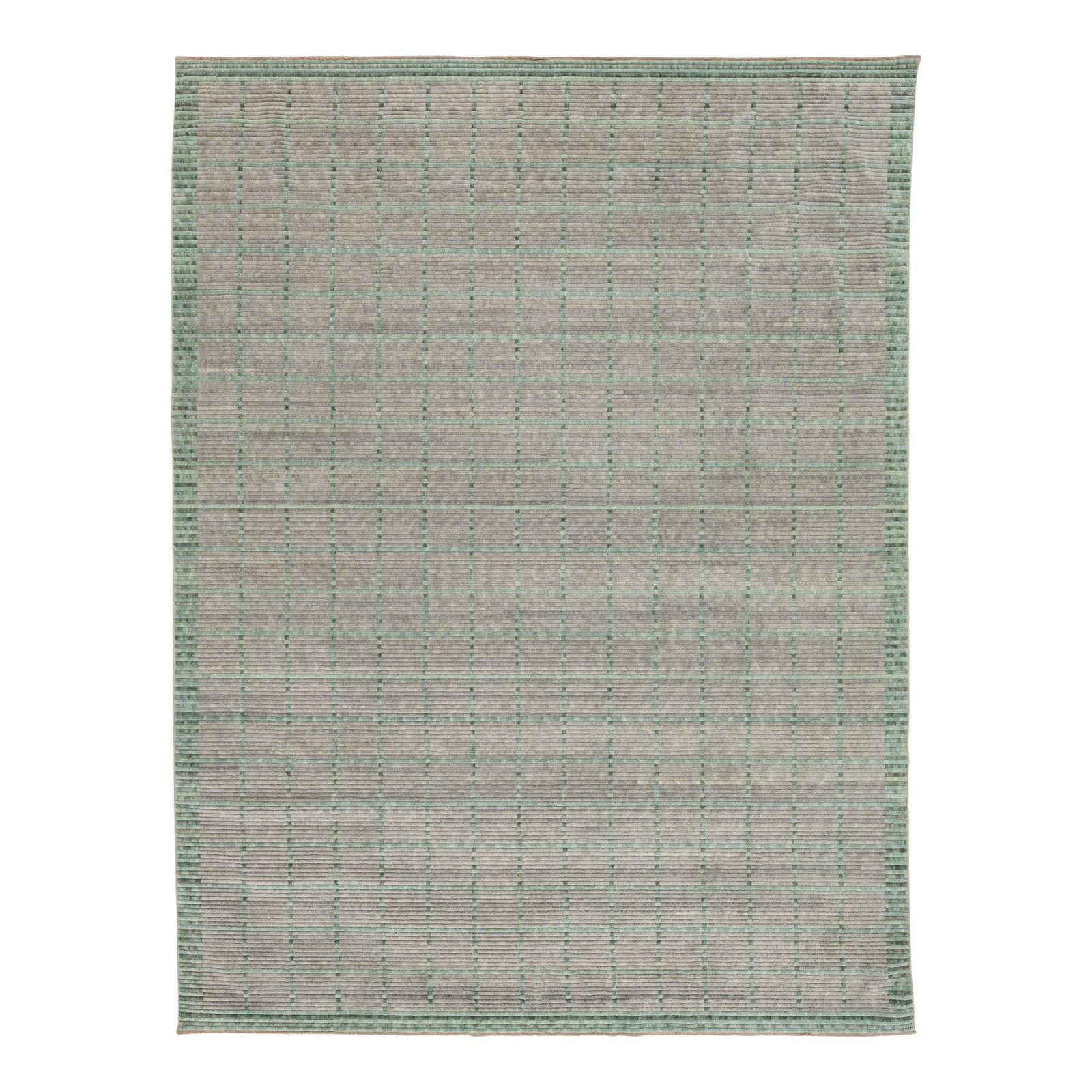 Modern Gray Wool Rug 8'10 x 11'8 with Green Geometric Design: Modern Gray Wool Rug 8'10 x 11'8 with Green Geometric Design Transform your space with this stunning hand-loomed modern wool rug, featuring a captivating geometric design. The elegant light gray backg