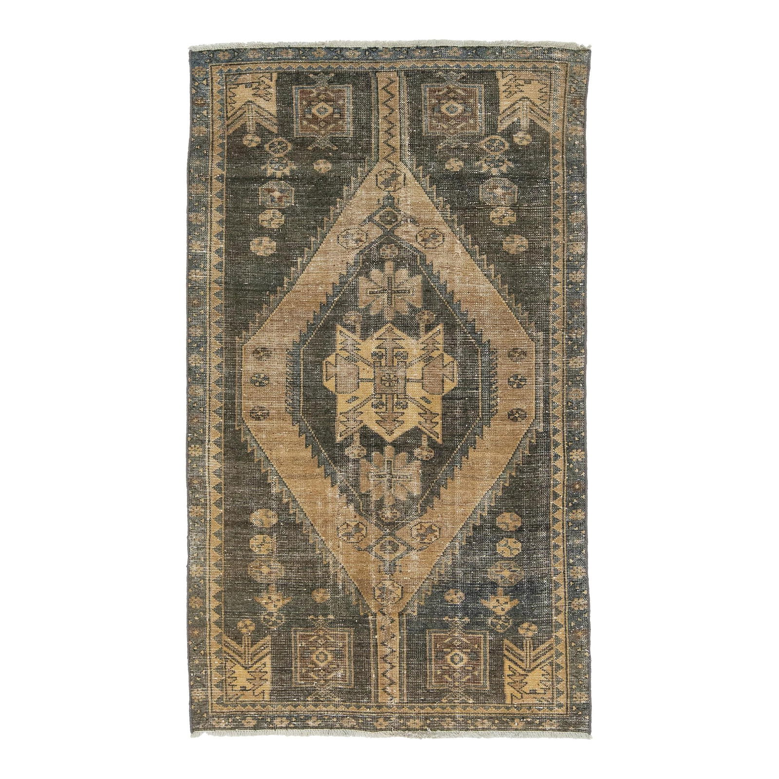 Tan and Gray Geometric Vintage Persian Wool Rug 3'4 x 5'8: Tan and Gray Geometric Vintage Persian Wool Rug 3'4 x 5'8 Enhance your space with this stunning vintage Persian wool rug, featuring a warm tan base complemented by striking gray geometric accents. Per