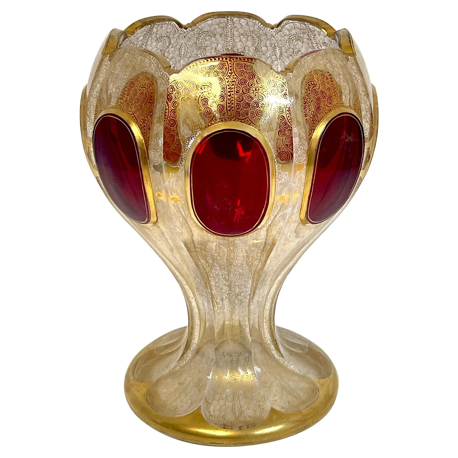 19th Century Persian Style Gilt Enamel Ruby Jeweled Vase Signed Moser School: 19th Century Persian Style Gilt Enamel Ruby Jeweled Vase Signed Moser School This exquisite 19th-century Persian style vase showcases a stunning gilt enamel design adorned with eight vibrant ruby jewe