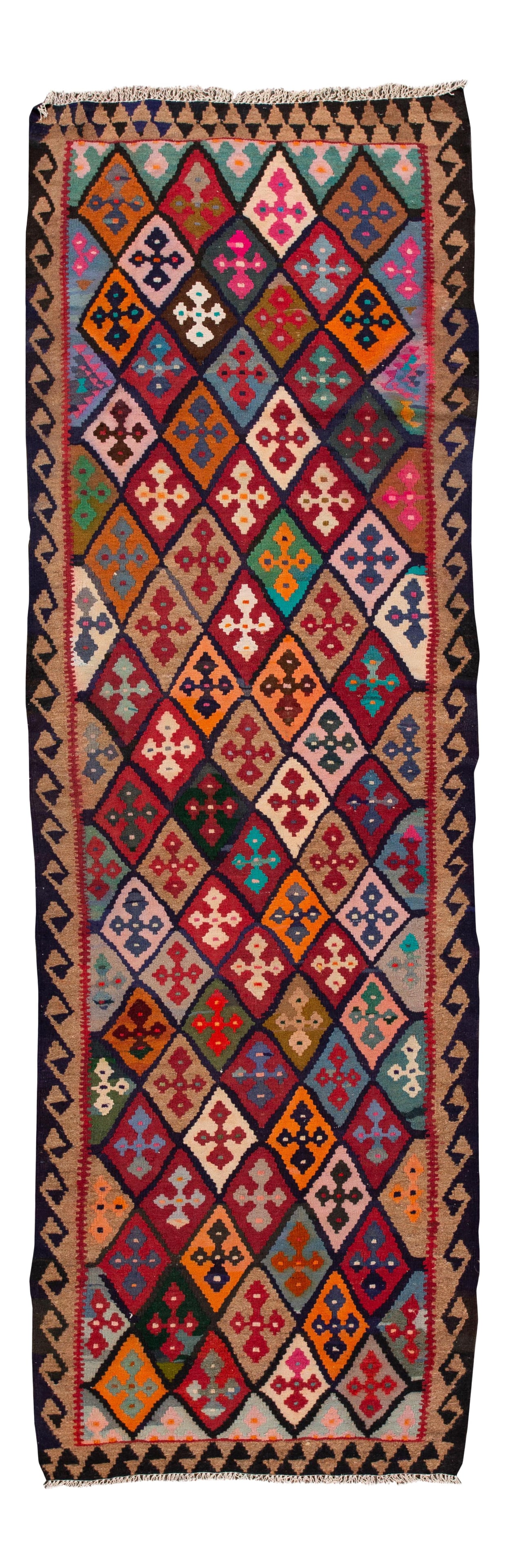 Vintage Kilim Runner Rug Multi-Color Geometric Design 5' 1" x 13': Vintage Kilim Runner Rug Multi-Color Geometric Design 5' 1" x 13' This stunning Mid-20th Century Vintage Kilim Runner Rug showcases a beautiful hand-woven construction featuring a vibrant, all-over mu